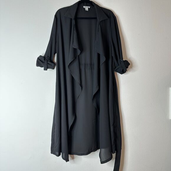 ReVamped Black Flowy Roll Tab Sleeve Tie Waist Waterfall Neck Wrap Dress Small - Picture 3 of 14